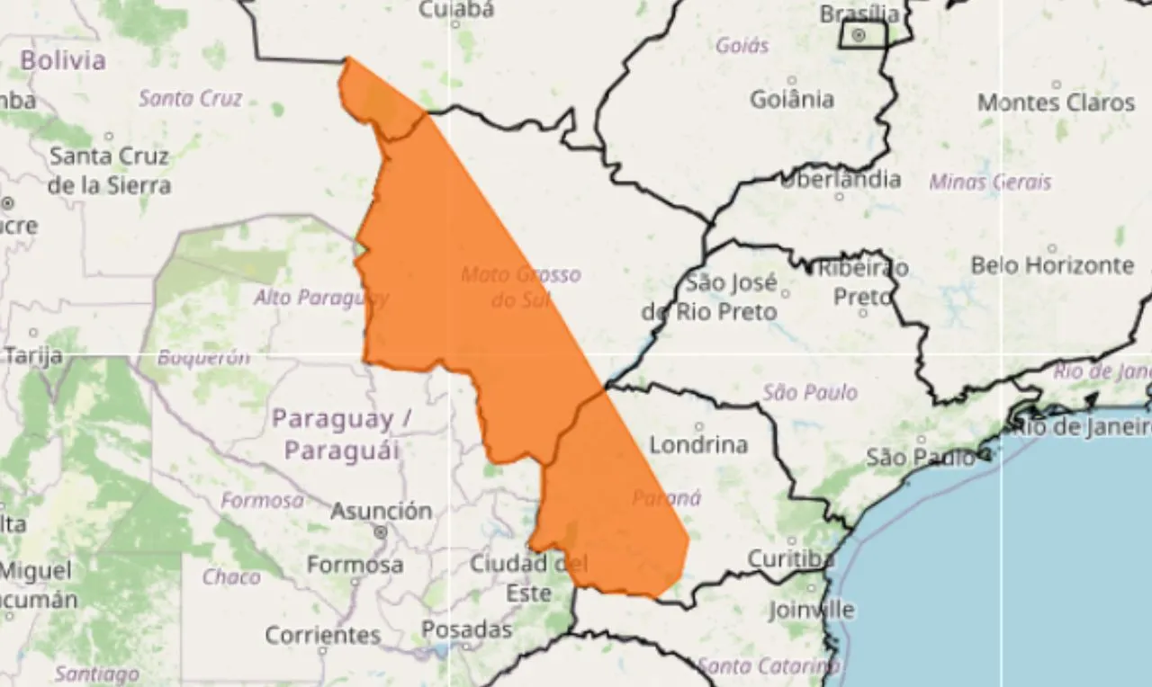 o mapa mostra as &aacute;reas em alerta para chuva intensa